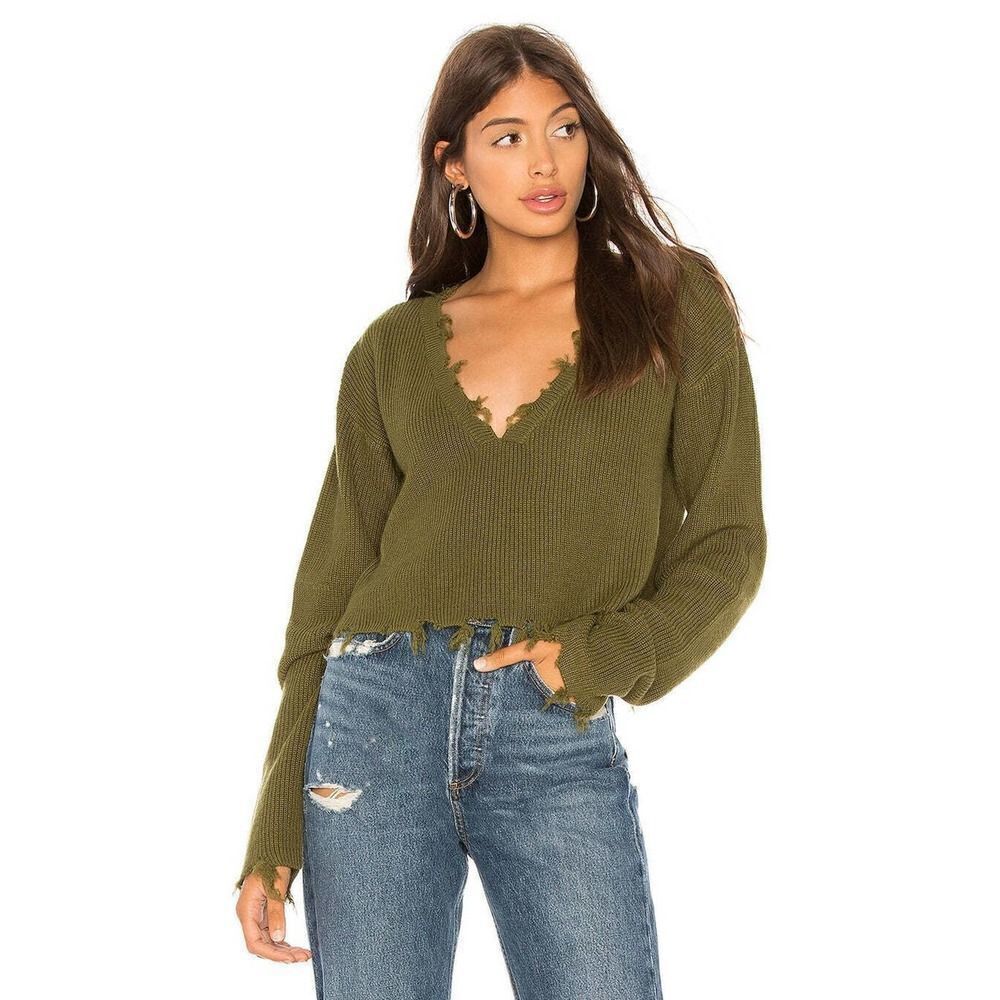Lovers and friends green frayed crop vneck sweater size large